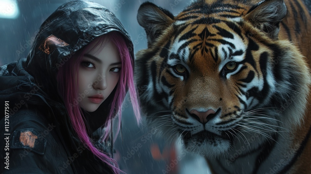 An Asian woman with a hood covering her face, pink hair accompanied by a Tiger beside her background wallpaper AI generated image An Asian woman with a hood covering her face, pink hair accompanied by a Tiger beside her background wallpaper AI generated image