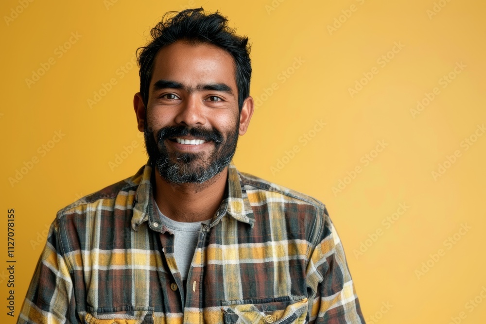 Portrait of a satisfied indian man in his 30s dressed in a relaxed flannel shirt isolated in soft yellow background Portrait of a satisfied indian man in his 30s dressed in a relaxed flannel shirt isolated in soft yellow background