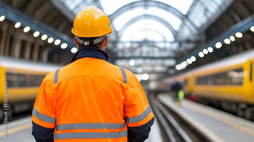Railway Worker Watching an Incoming Train at the Station Railway Worker Watching an Incoming Train at the Station