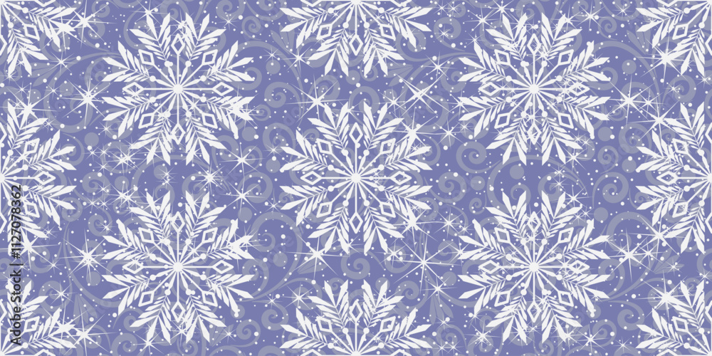 Vector hand drawn christmas violet seamless pattern with vintage curls and white lace snowflakes Vector hand drawn christmas violet seamless pattern with vintage curls and white lace snowflakes