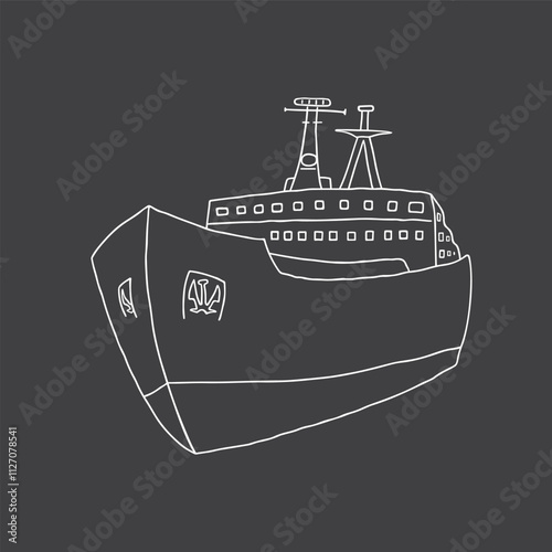 Cute Cartoon Ice Breaker. Arctic, Polar station water transport image outline doodle icon. Vector Illustration.