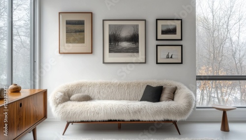 Cozy Faux Fur Sofa in Modern Minimalist Living Room with Winter Landscape Artwork