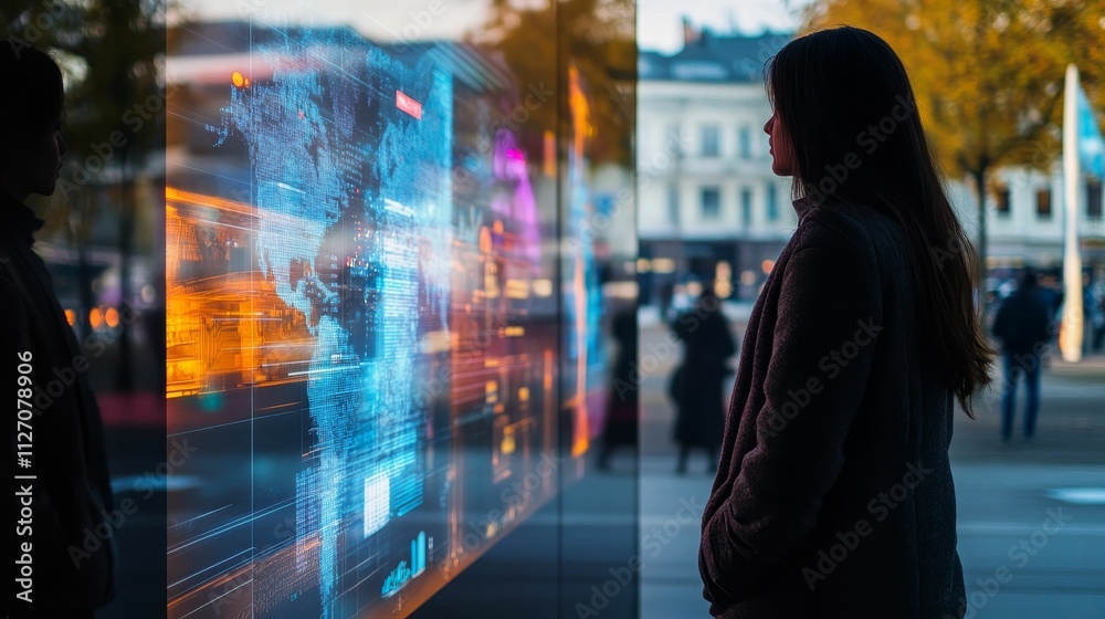 Woman observes digital world map display. Woman observes digital world map display.