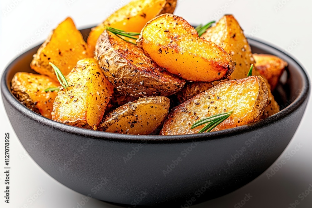 Dark grey ceramic bowl filled with golden, crispy french fries against a white background Dark grey ceramic bowl filled with golden, crispy french fries against a white background