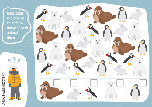 Math game for children with cute cartoon polar animals, Logical activities for kids, Count the number of animals. Vector illustration.