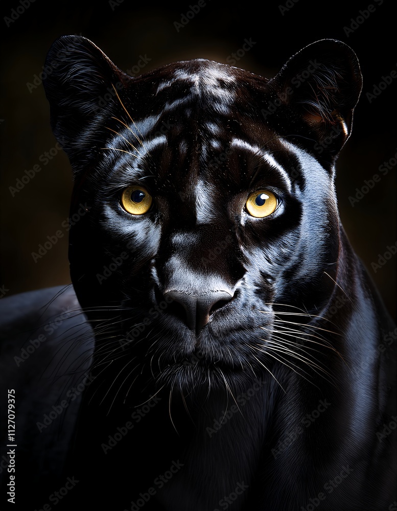 Close-up portrait of a stunning black panther. Its piercing golden eyes and dark fur create a captivating image.