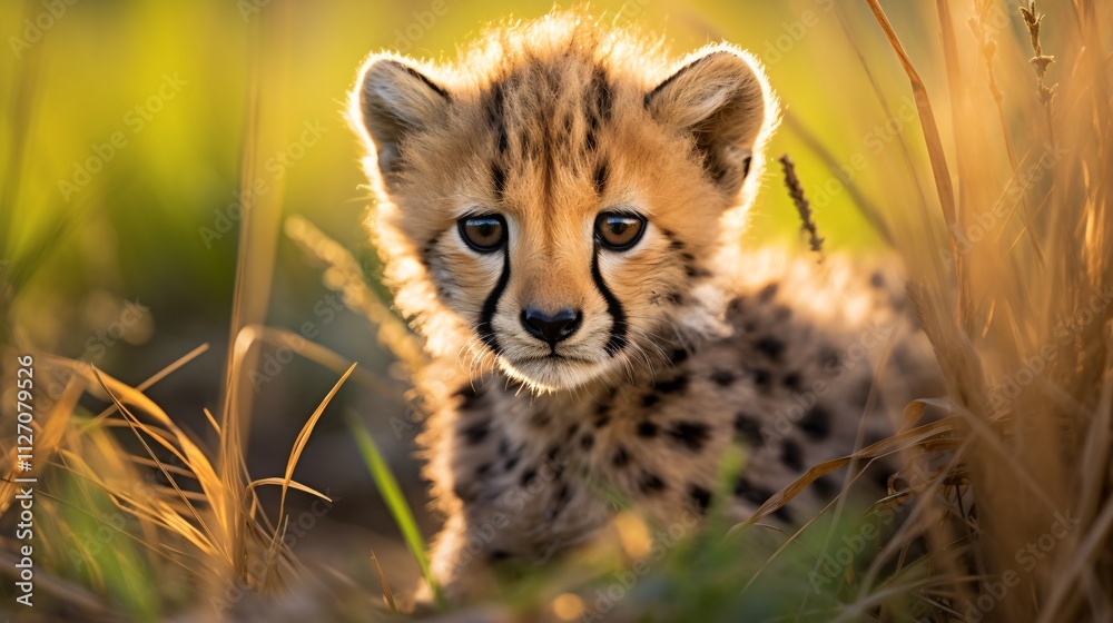 Playful Cheetah Cub in Natural Habitat: Close-Up of Spotted Fur in Tall Grass