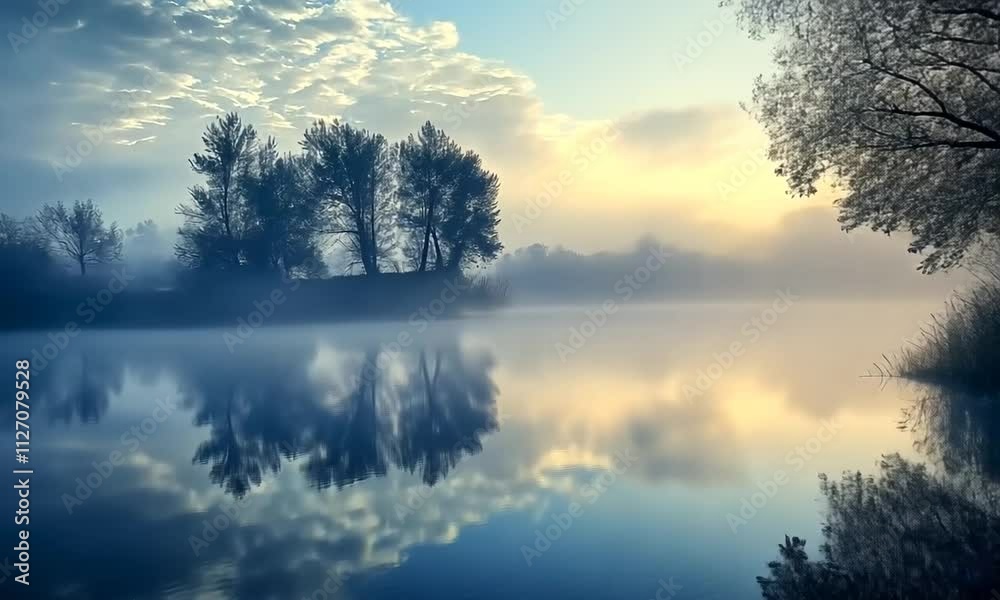 Serene Dawn Mist over a Calm River, Enveloped by Trees Serene Dawn Mist over a Calm River, Enveloped by Trees