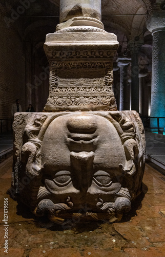 Medusa head shown in the Basilica Cistern. Head was recycled form an antique building of the late Roman period