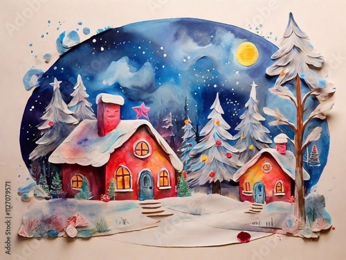 house in the snow, Children's drawing, painted with colored watercolors on the theme of winter, Christmas and New Year photo