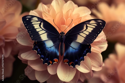 A butterfly in shades of black, blue, and white perched on a soft pink flower, showcasing intricate wing patterns and petal details in HD. photo