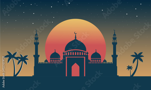 Ramadan Kareem or Ramazan Mubarak greeting card with mosque minarets, crescent moon and twinkling star in blue night sky. Vector design for Islamic or Muslim traditional religious holiday celebration