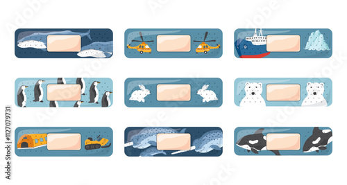 Kid first aid bandages. Cute medical patch for children with cartoon arctic animals, adhesive plasters decoration, sterile plaster design, sticky strip sticker vector illustration.