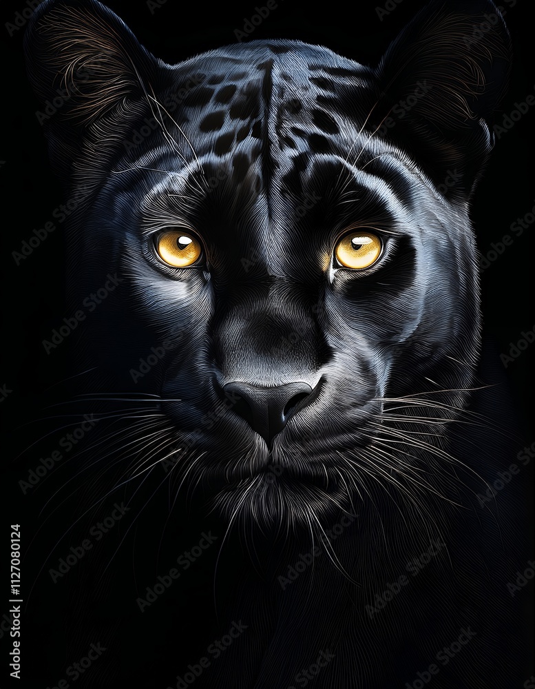Obraz premium Close-up portrait of a black panther. The image showcases its powerful eyes and striking features against a dark background.