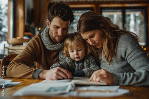 A family bonding moment while reading together at home in a cozy setting.