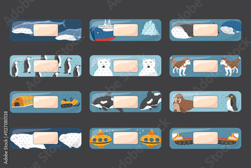 Kid first aid bandages. Cute medical patch for children with cartoon arctic animals, adhesive plasters decoration, sterile plaster design, sticky strip sticker vector illustration.