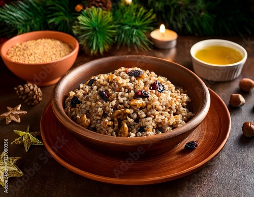 A bowl of Ukrainian Christmas dish 'kutya' made from boiled wheat, honey, poppy seeds, and raisins. photo