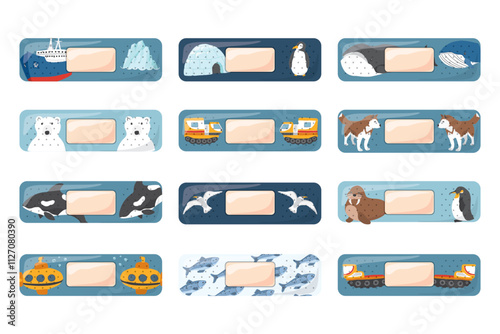 Kid first aid bandages. Cute medical patch for children with cartoon arctic animals, adhesive plasters decoration, sterile plaster design, sticky strip sticker vector illustration.