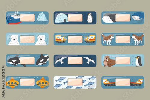 Kid first aid bandages. Cute medical patch for children with cartoon arctic animals, adhesive plasters decoration, sterile plaster design, sticky strip sticker vector illustration.