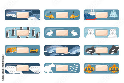 Kid first aid bandages. Cute medical patch for children with cartoon arctic animals, adhesive plasters decoration, sterile plaster design, sticky strip sticker vector illustration.