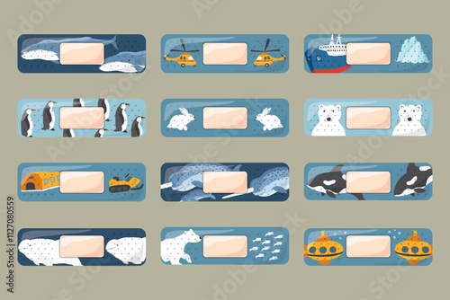 Kid first aid bandages. Cute medical patch for children with cartoon arctic animals, adhesive plasters decoration, sterile plaster design, sticky strip sticker vector illustration.