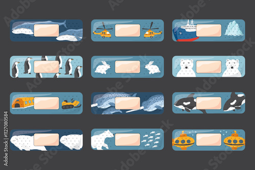 Kid first aid bandages. Cute medical patch for children with cartoon arctic animals, adhesive plasters decoration, sterile plaster design, sticky strip sticker vector illustration.
