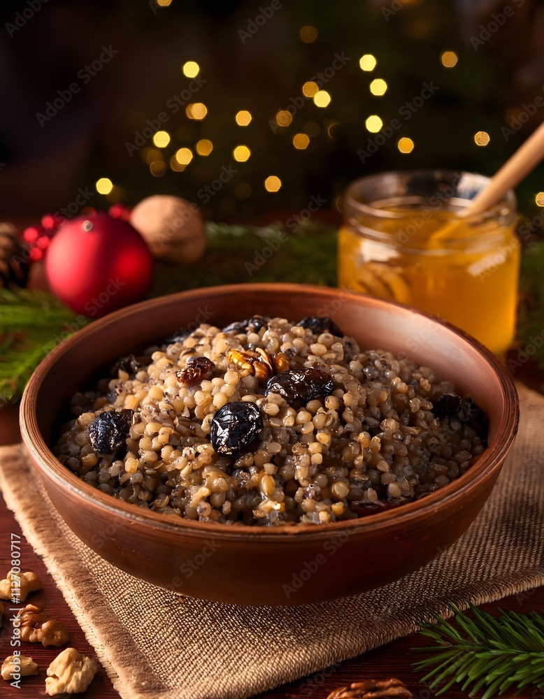 A bowl of Ukrainian Christmas dish 'kutya' made from boiled wheat, honey, poppy seeds, and raisins. A bowl of Ukrainian Christmas dish 'kutya' made from boiled wheat, honey, poppy seeds, and raisins.