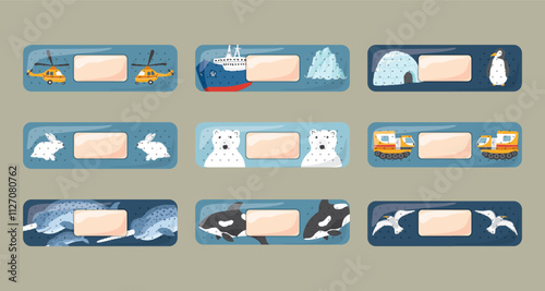 Kid first aid bandages. Cute medical patch for children with cartoon arctic animals, adhesive plasters decoration, sterile plaster design, sticky strip sticker vector illustration.