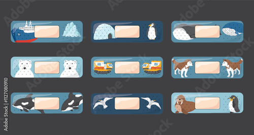 Kid first aid bandages. Cute medical patch for children with cartoon arctic animals, adhesive plasters decoration, sterile plaster design, sticky strip sticker vector illustration.