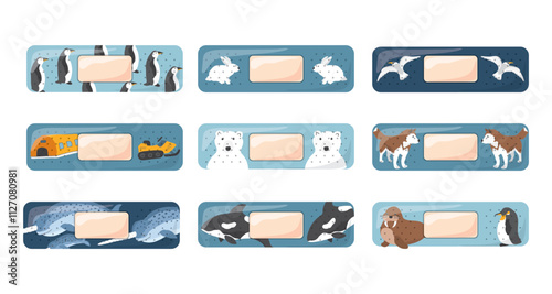 Kid first aid bandages. Cute medical patch for children with cartoon arctic animals, adhesive plasters decoration, sterile plaster design, sticky strip sticker vector illustration.