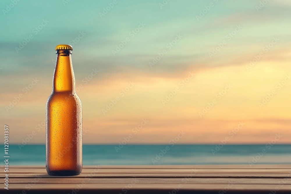Refreshing beer bottle at sunset over ocean view from modern beach bar in Barcelona Refreshing beer bottle at sunset over ocean view from modern beach bar in Barcelona
