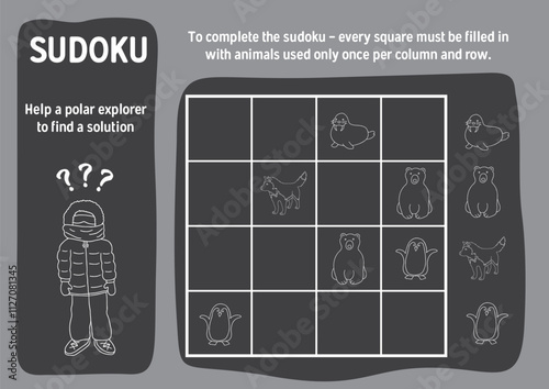 Sudoku game for kids with cute cartoon arctic polar animals. Educational Logic activities game for children. Vector illustration.