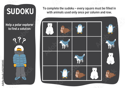 Sudoku game for kids with cute cartoon arctic polar animals. Educational Logic activities game for children. Vector illustration.