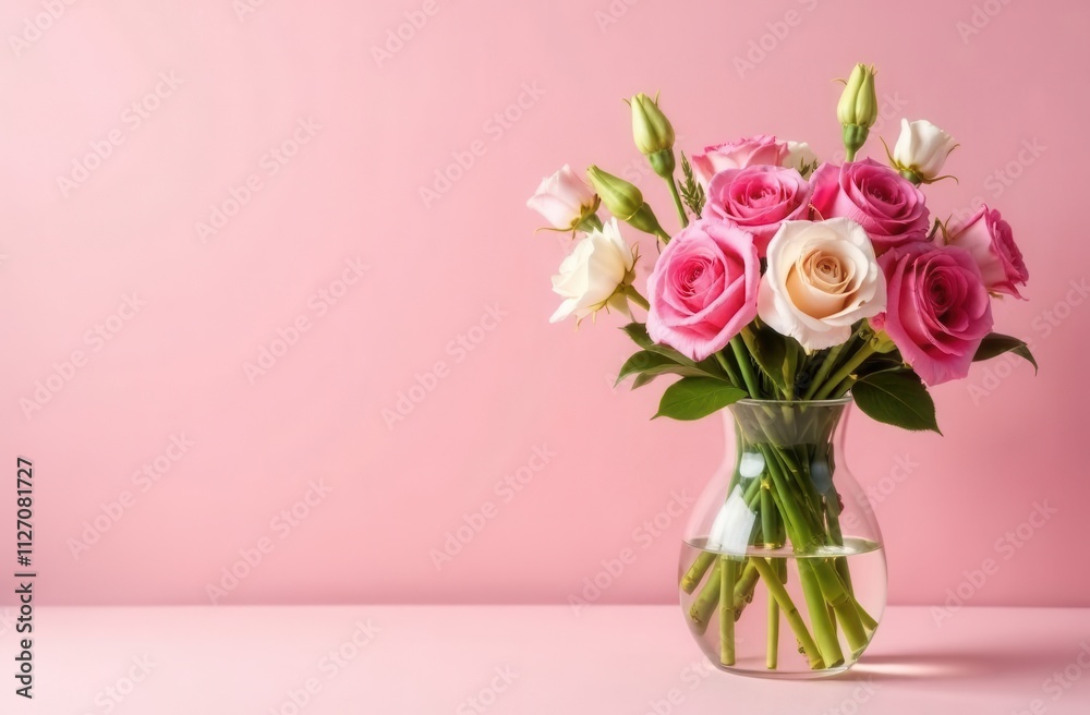 bouquet of pink roses in vase on pink pastel background with copyspace bouquet of pink roses in vase on pink pastel background with copyspace
