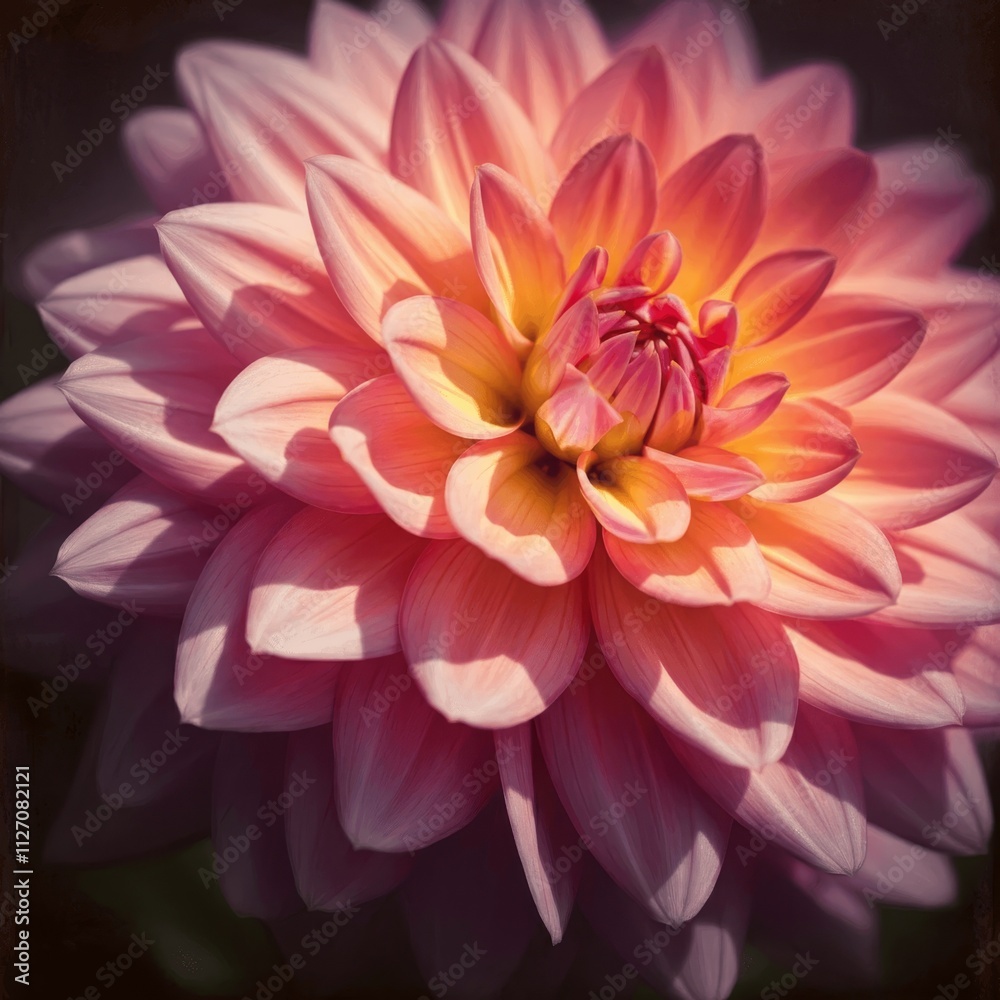 Close-up of a vibrant pink and yellow dahlia bloom in sunlight