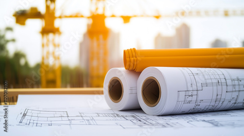 Blueprints and rolls of architectural plans on construction site, showcasing cranes in background. image captures essence of planning and development in urban construction