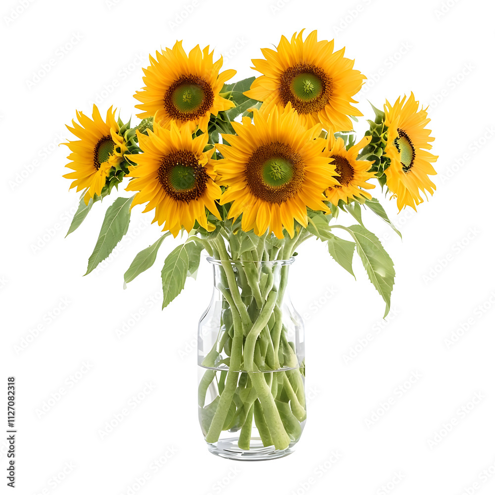 Obraz premium Vibrant Sunflowers in Glass Vase Against White Background
