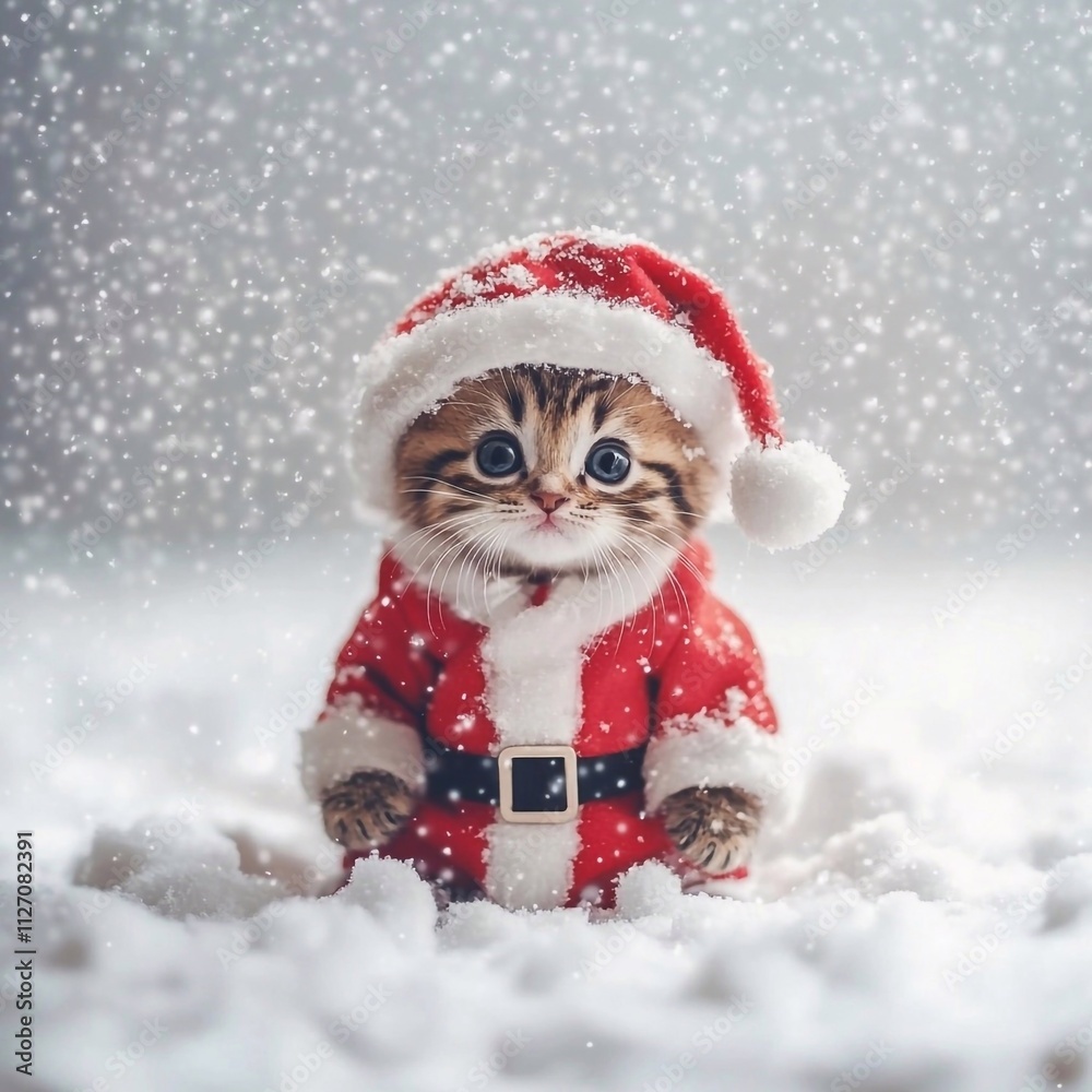Cute kitten in a Santa Claus costume and hat, full length, looking at the camera, on a white background, sitting in the snow, copy space for text, Picture for postcard and poster Cute kitten in a Santa Claus costume and hat, full length, looking at the camera, on a white background, sitting in the snow, copy space for text, Picture for postcard and poster