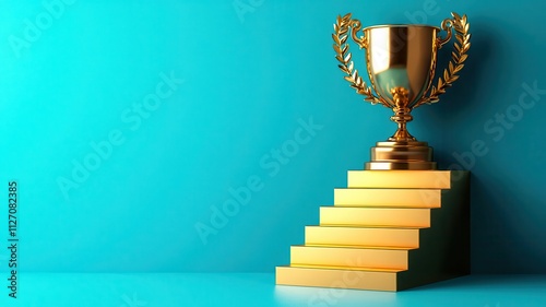 Trophy at the end of a staircase, with each step labeled as a disciplined action toward success. photo