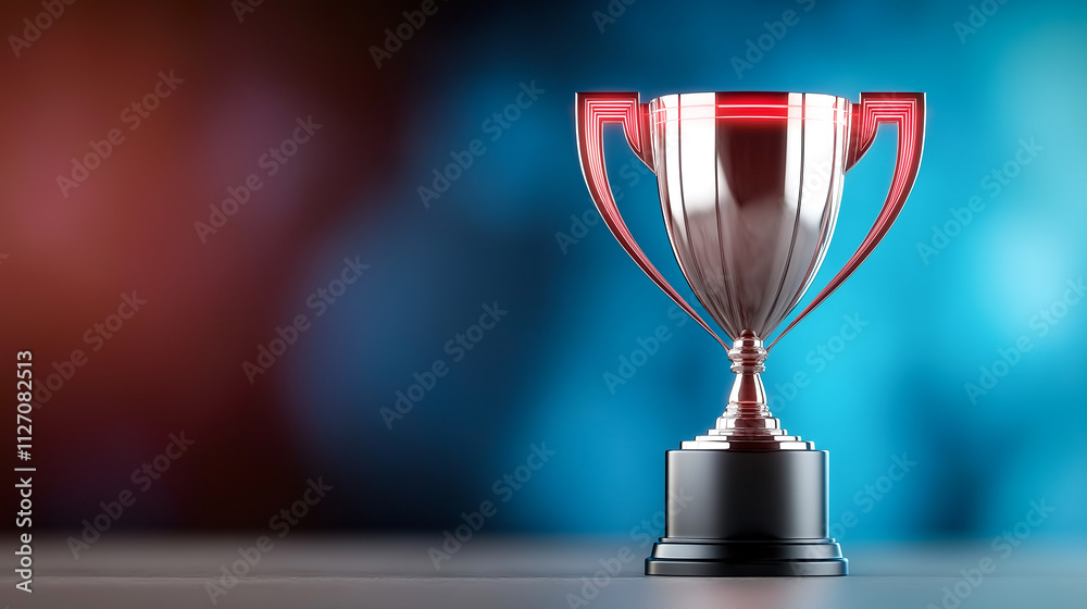 Shiny trophy on pedestal with glowing blue and red background, symbolizing achievement and success