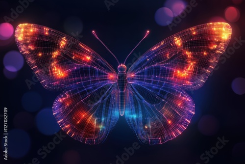 wireframe butterfly illustration glowing with vibrant neon lights in dark background photo