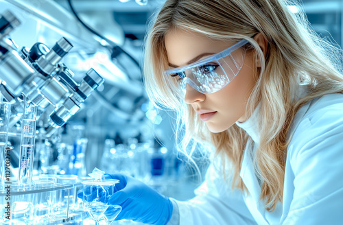 A woman in a lab coat is wearing safety goggles and looking at a microscope. She is focused on her work and she is in a serious mood