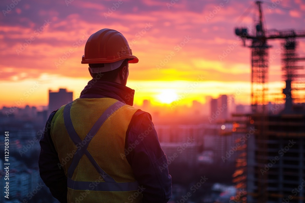 Construction worker at site in sunset