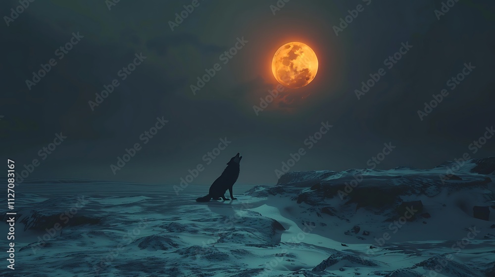 Fototapeta premium A solitary wolf howling under a luminous full moon.