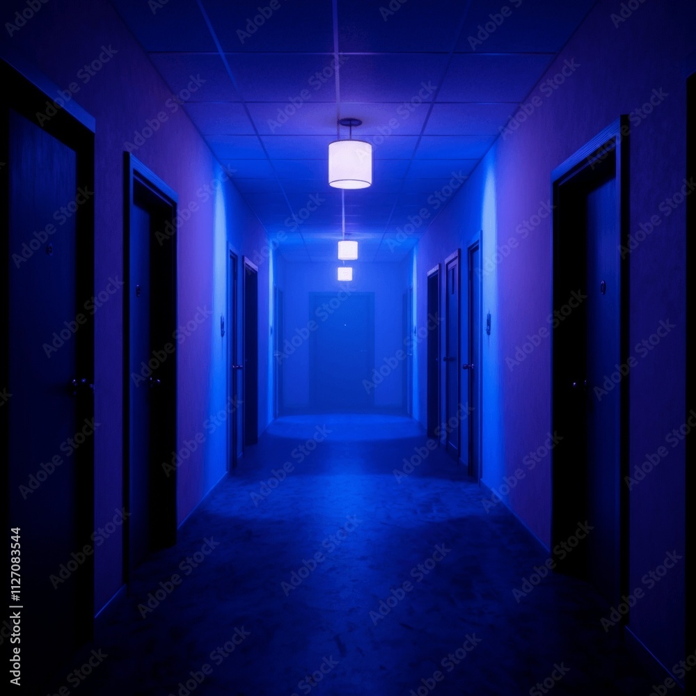 Dimly lit blue hallway with mysterious ambiance and closed doors Dimly lit blue hallway with mysterious ambiance and closed doors