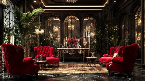 A royally luxurious space with red velvet armchairs photo