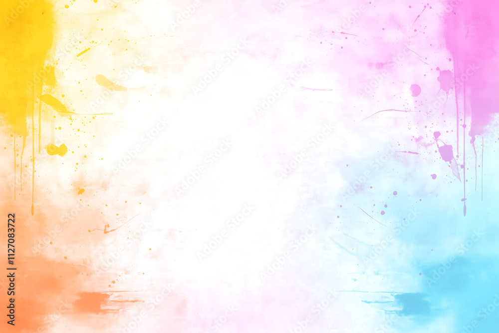 Obraz premium A colorful background with splatters of paint. The splatters are in different colors, including yellow, pink, and blue. The background is white, and the splatters are scattered all over it