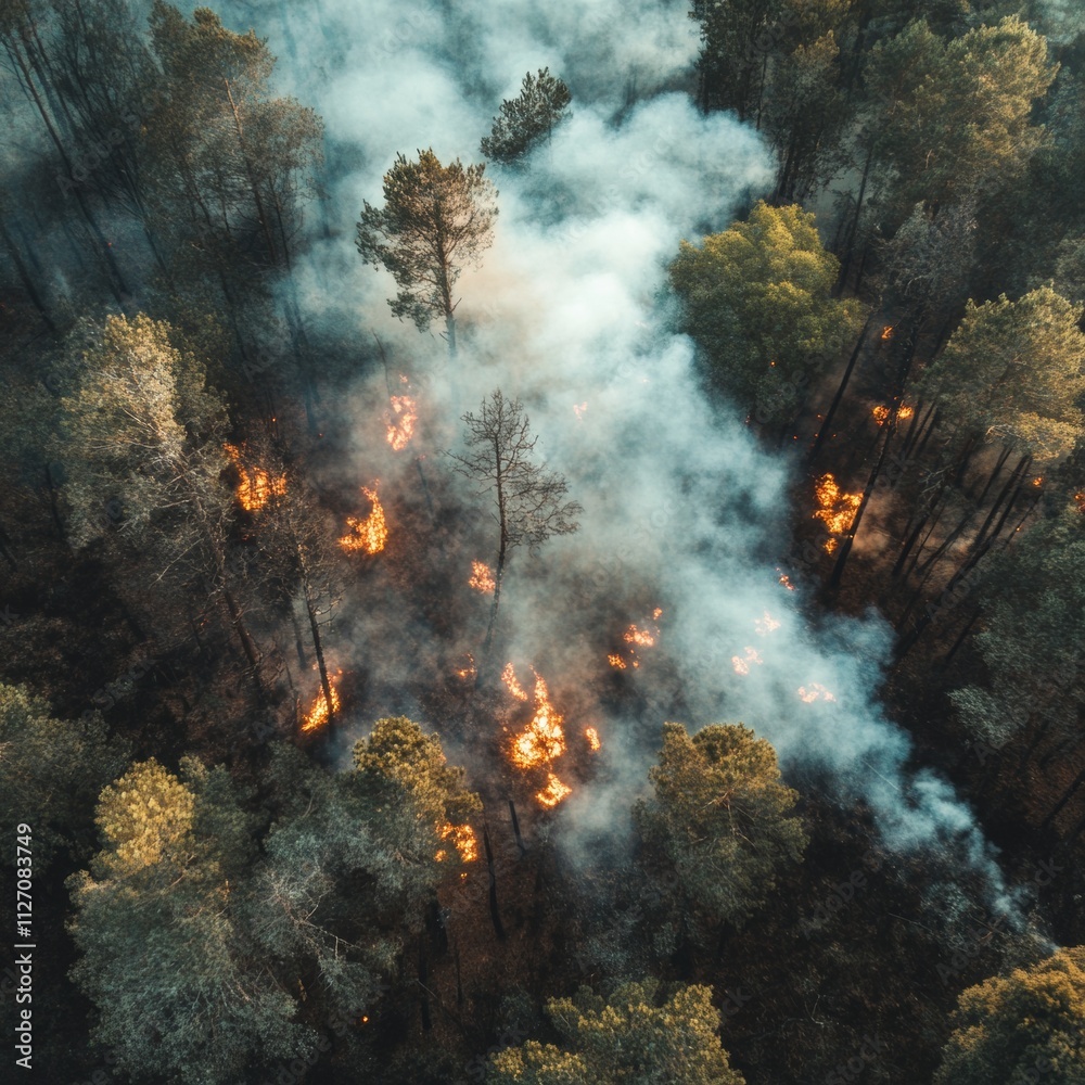 Aerial View of European Forest Trees Amidst Smoky Wildfire Scene Aerial View of European Forest Trees Amidst Smoky Wildfire Scene