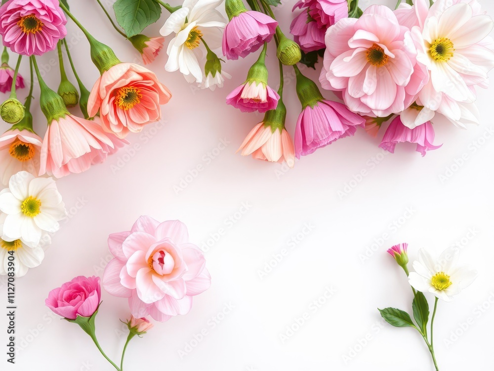 Fototapeta premium Vibrant spring flowers painted on white paper background with soft pastel colors, background, paper, beautiful