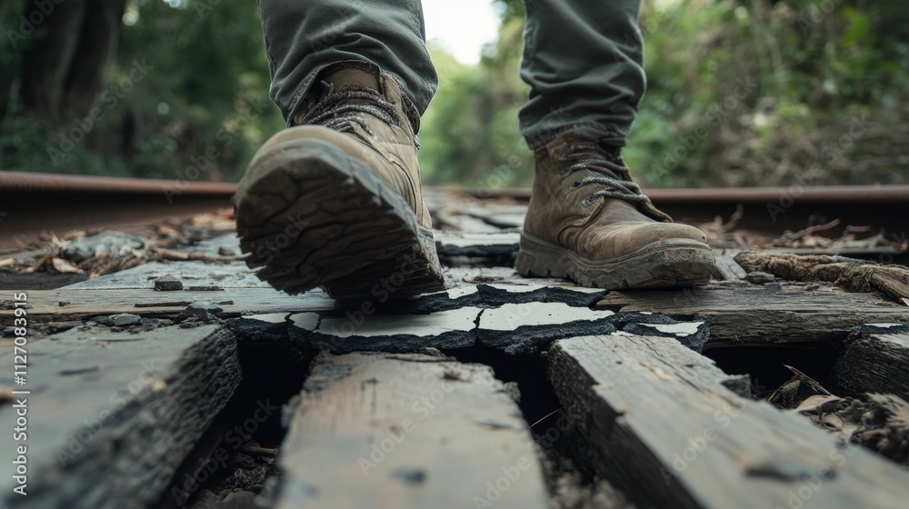 Person Examines Cracked Wooden Bridge with Caution While Walking on an Unstable Pathway in Nature Person Examines Cracked Wooden Bridge with Caution While Walking on an Unstable Pathway in Nature